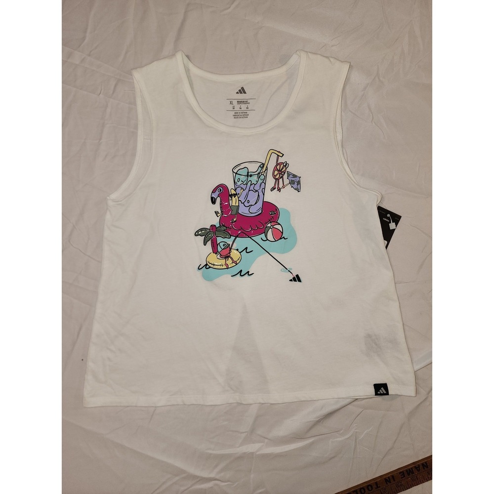 Adidas Tank Top Kids XL White New Summer Graphic Split Back Sleeveless Tee